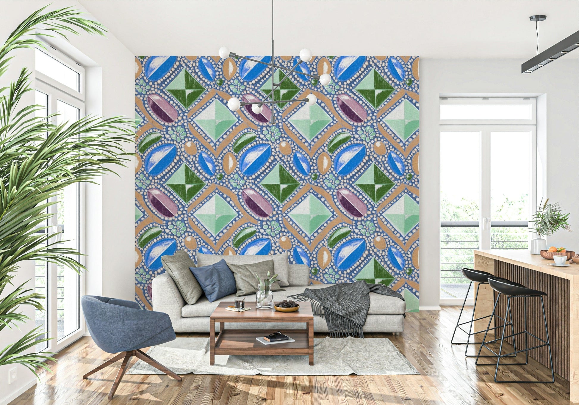 Blue Gemstone Pattern Wallpaper – Soft, pastel-inspired wallpaper with jewel-like textures and refined geometric patterns.
