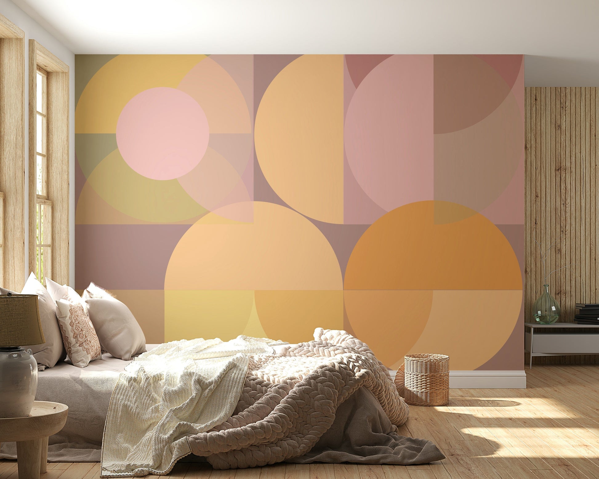 A sophisticated Geometric Wallpaper design featuring a harmonious arrangement of abstract pastel blocks.