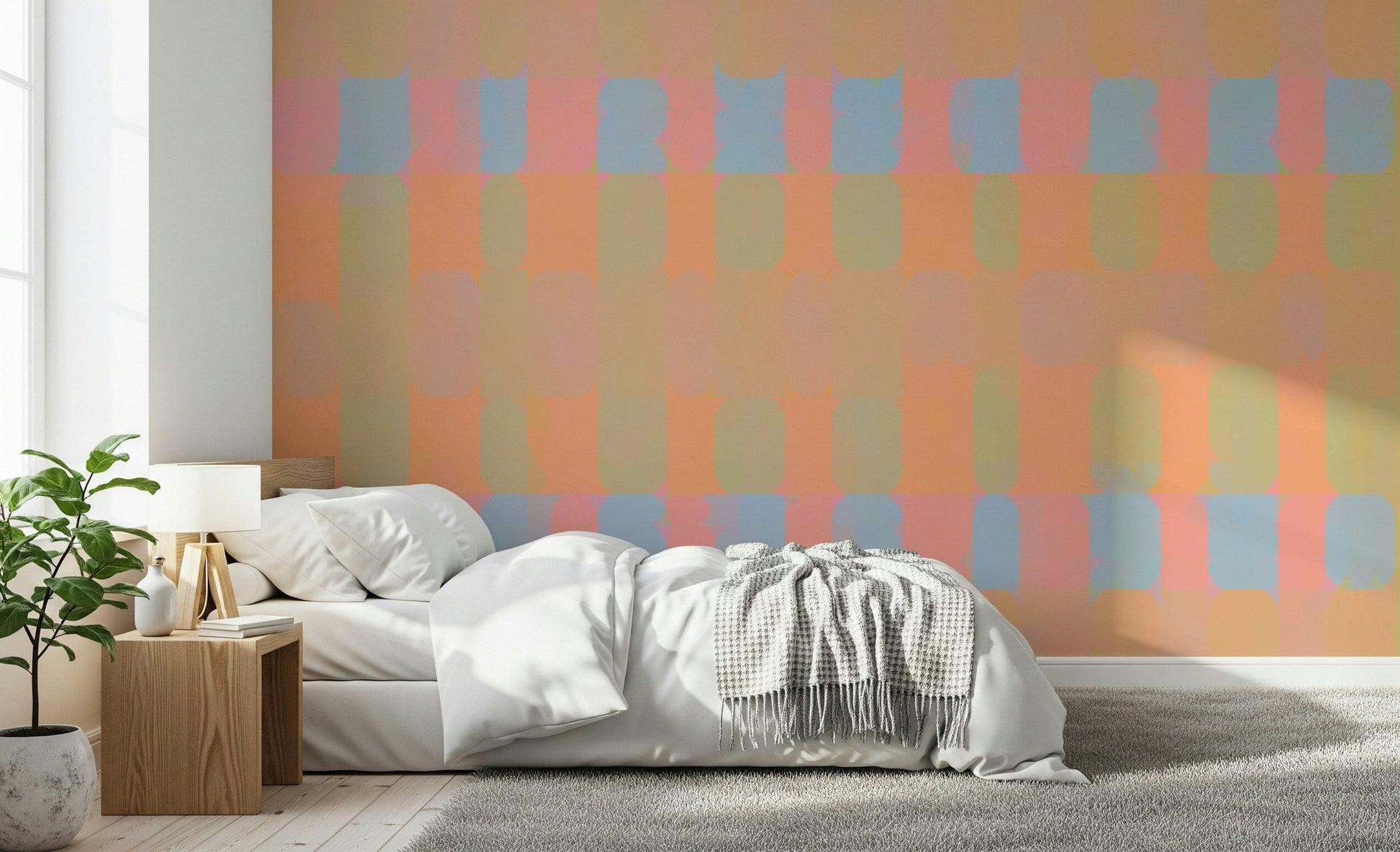 Playful overlapping geometric wall mural peach sky color