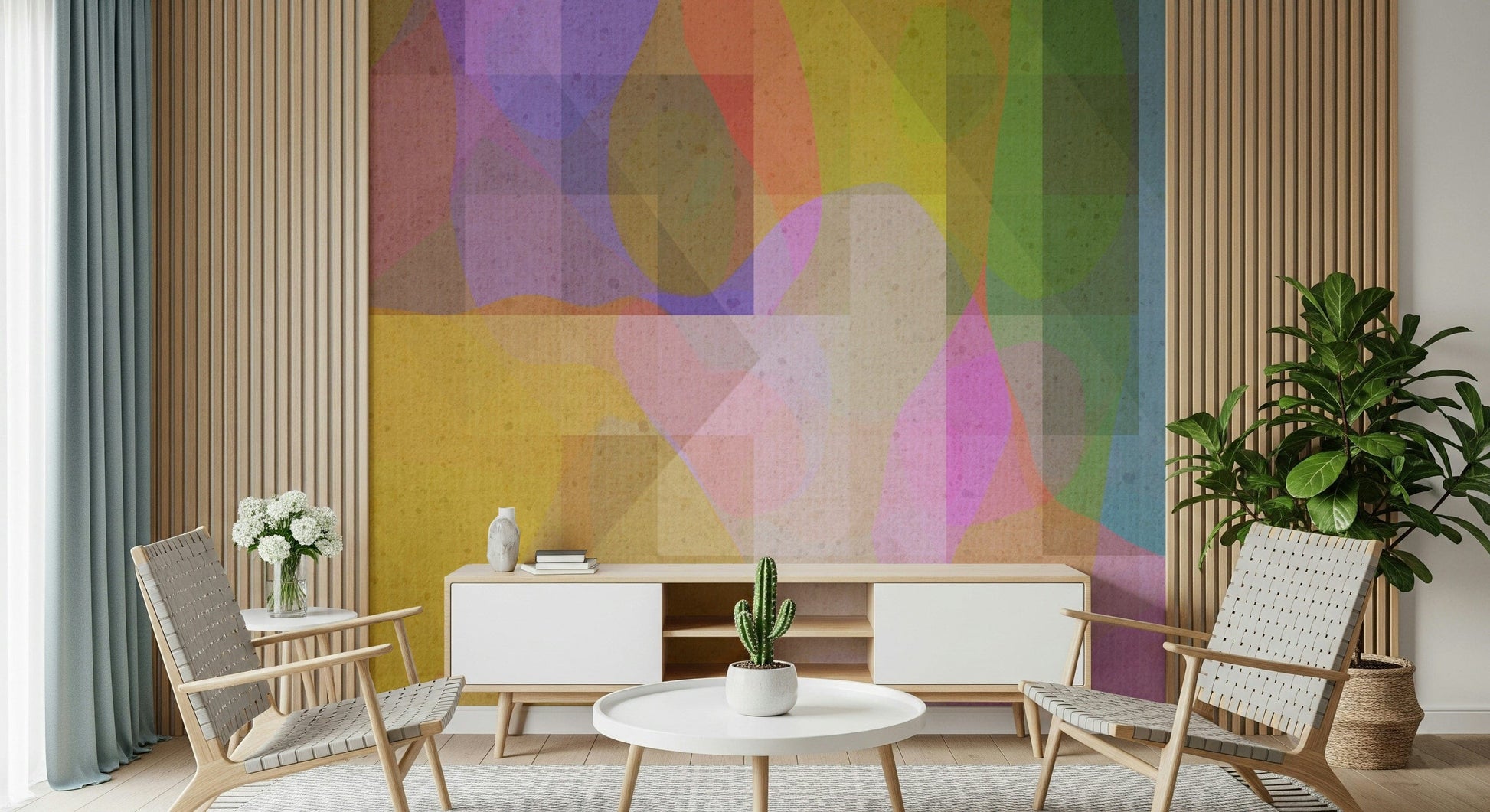An abstract pastel wallpaper featuring fluid geometric overlays in subtle earthy colors.