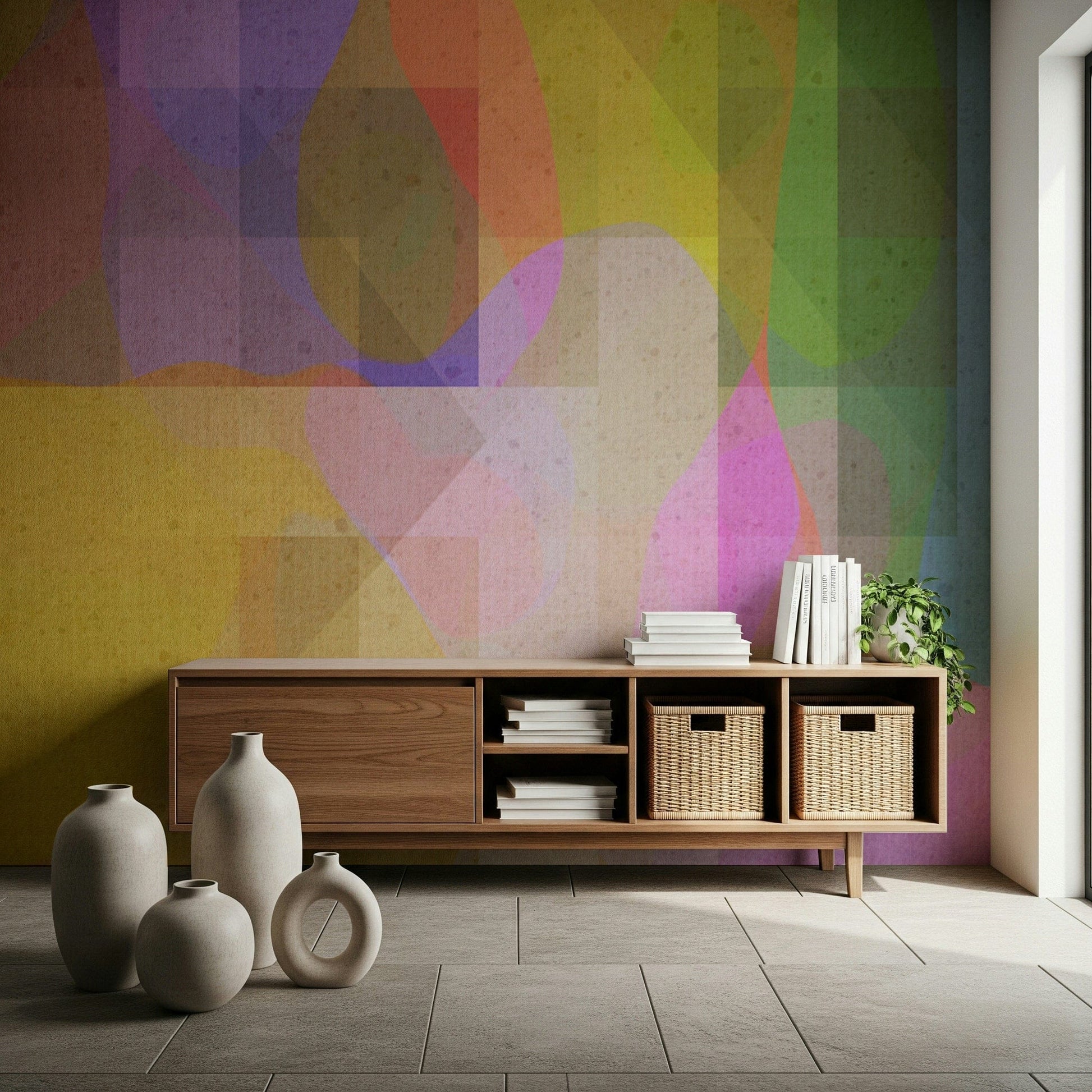 Layered shapes in pink, yellow, green, and purple forming a soothing abstract geometry wallpaper.
