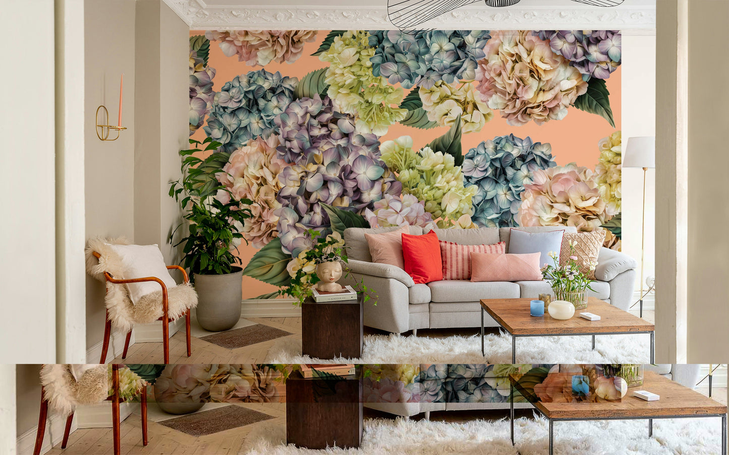 A contemplative soft floral wallpaper mural for a feature wall.

