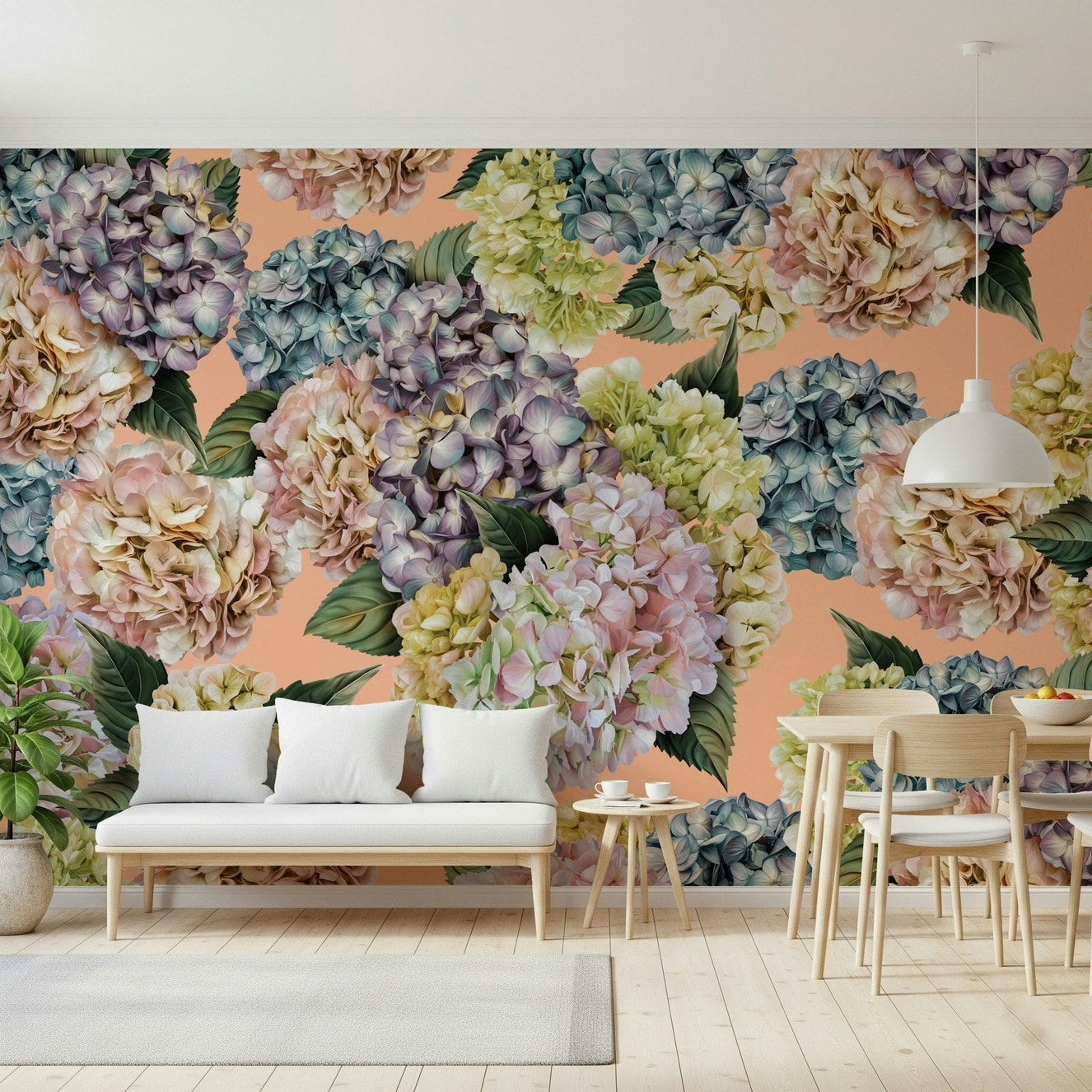 A beautiful floral pastel wallpaper mural for a modern home.

