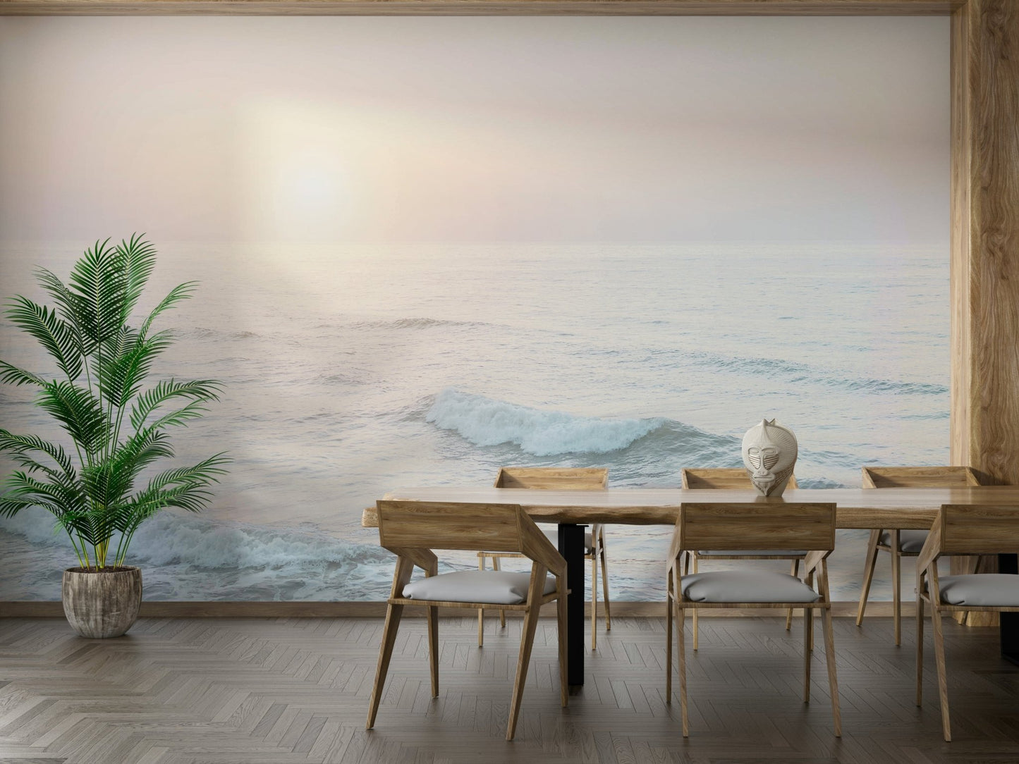 Serene ocean dawn in soft pastel colors for walls.

