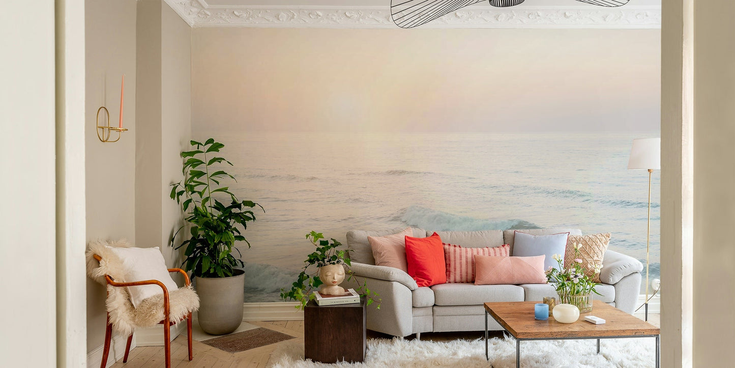 Soft pastel ocean dawn wall mural for serene spaces.

