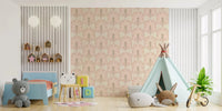 Kids room with blush palm wallpaper and soft stripe arches in warm neutral tones