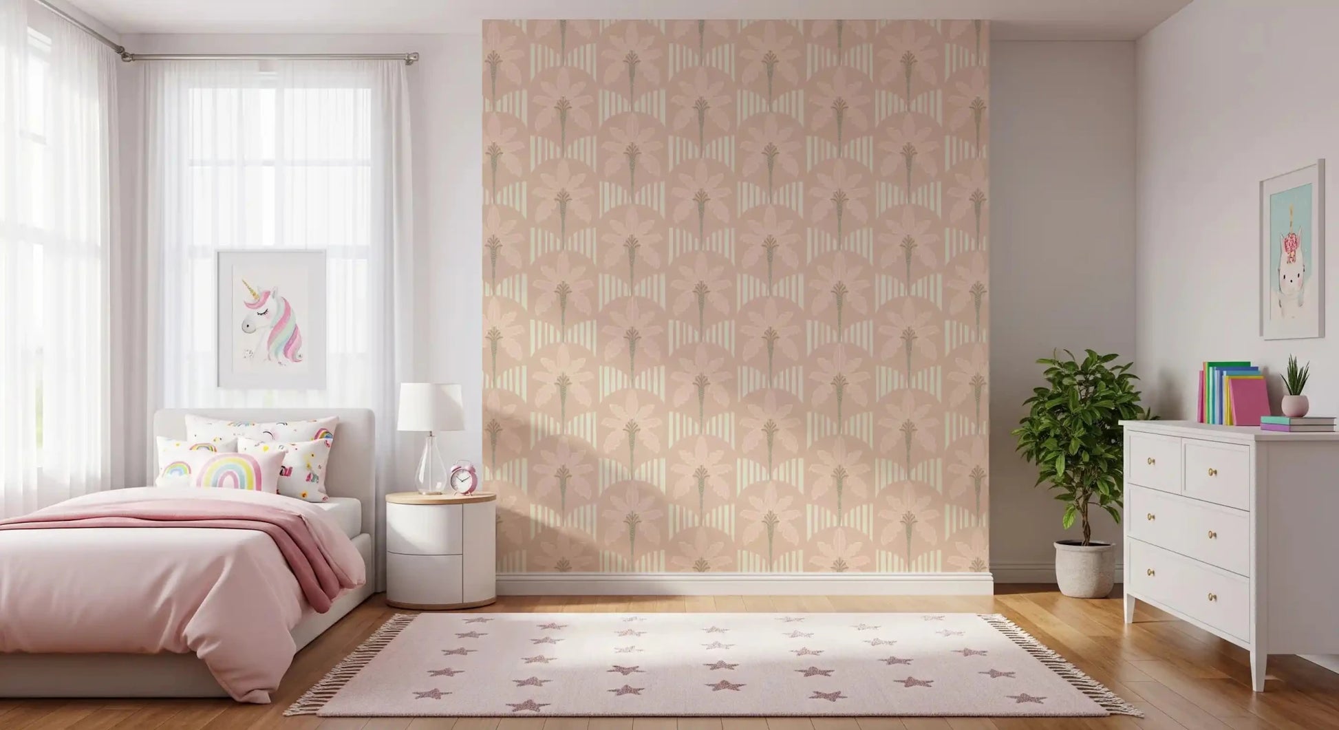 Girl bedroom with pastel palm wallpaper and curved stripe design in beige tones