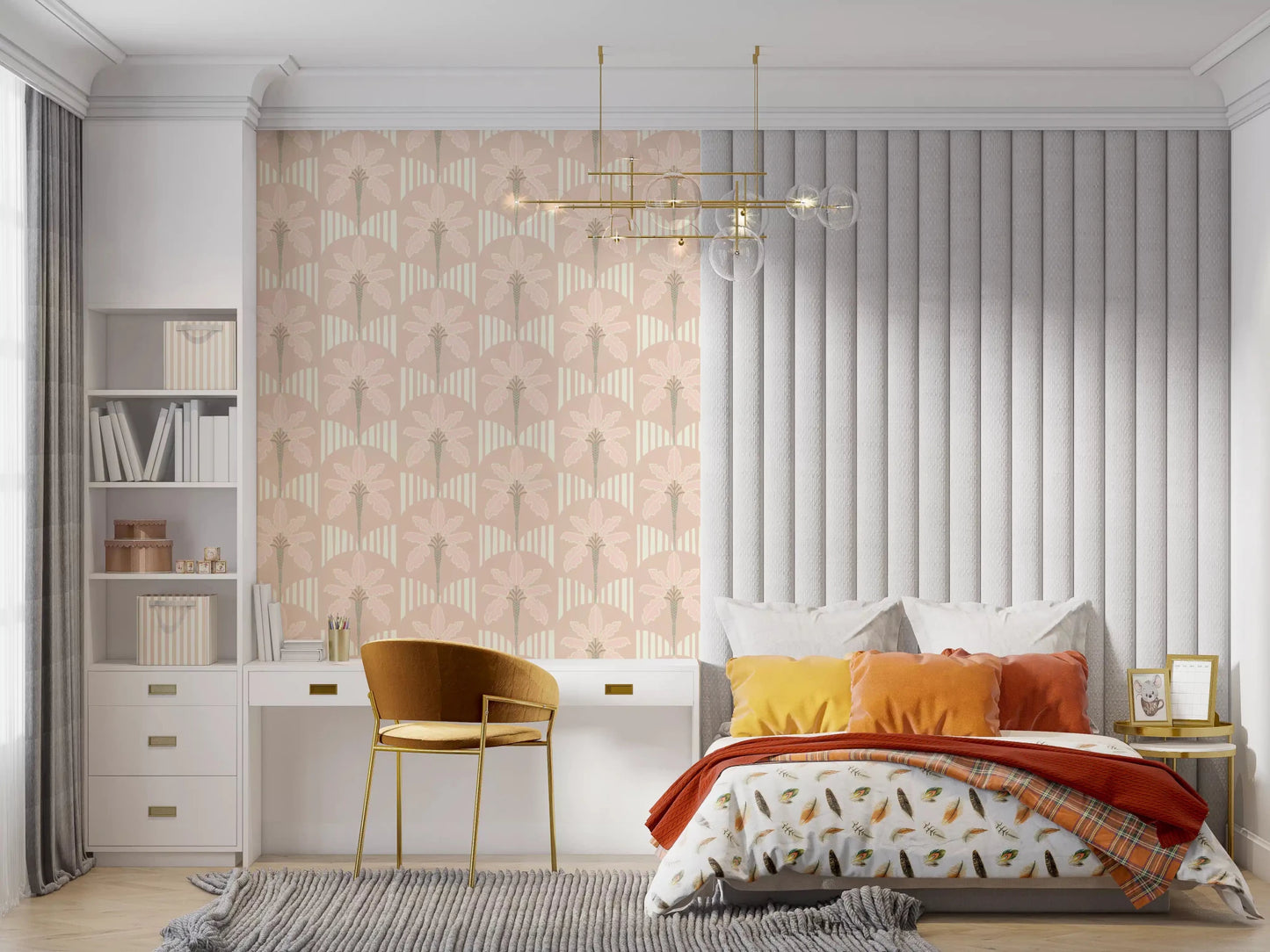 Bedroom with blush palm wallpaper and stripe arches in soft beige tones