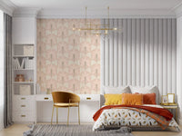 Bedroom with blush palm wallpaper and stripe arches in soft beige tones