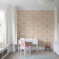 Study room with pastel palm wallpaper and soft beige stripe arches in blush tones