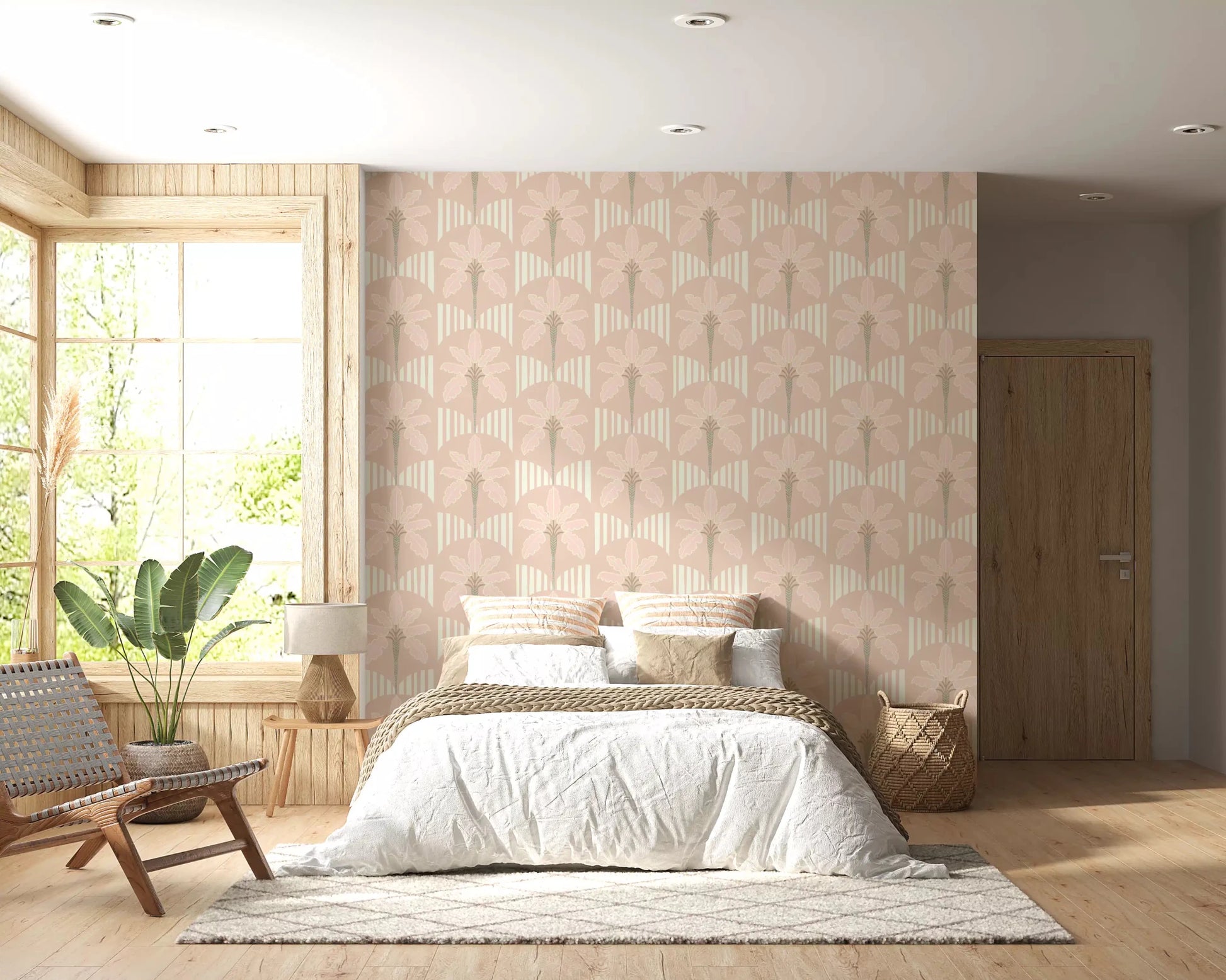 Bedroom style  with pastel palm wallpaper and curved stripe pattern in beige tones