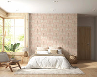 Bedroom style  with pastel palm wallpaper and curved stripe pattern in beige tones