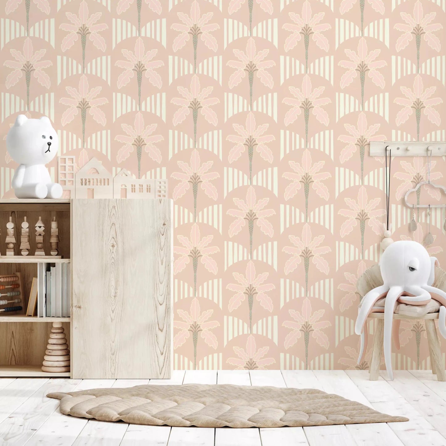 hallway  with palm wallpaper and cream stripe arches in pastel beige tones