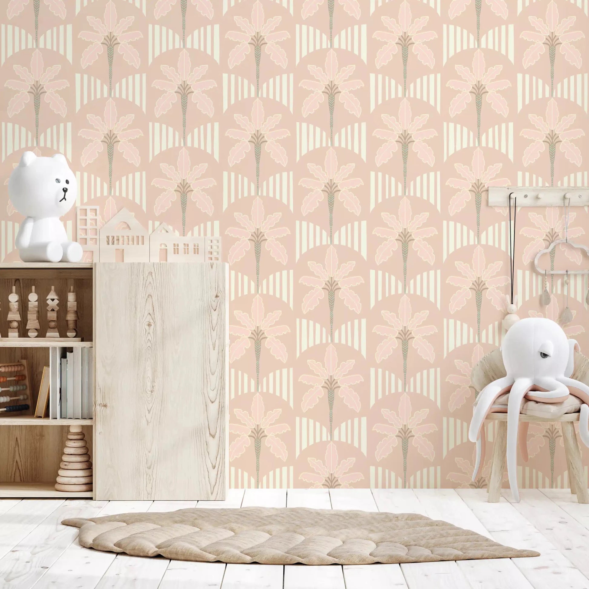 hallway  with palm wallpaper and cream stripe arches in pastel beige tones