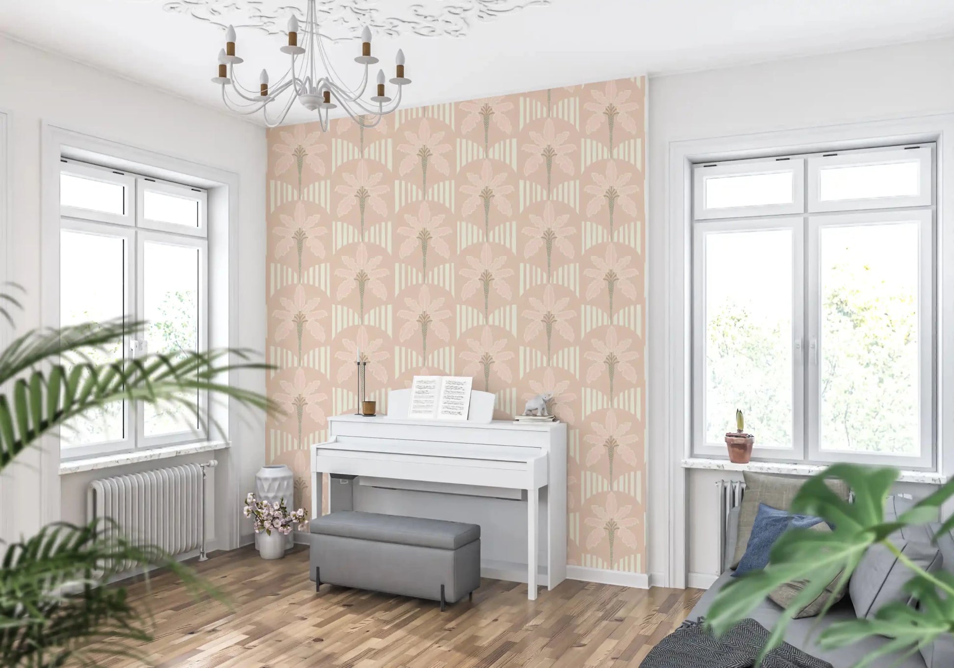 Living room with soft pastel palm wallpaper and curved stripe pattern in beige tones