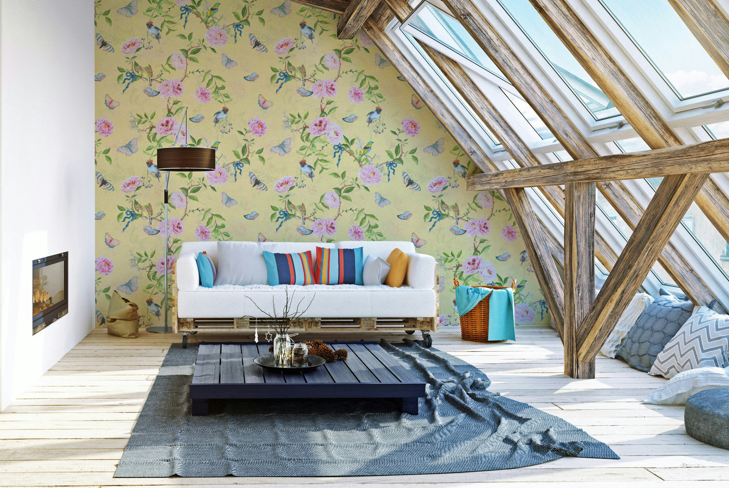 Airy floral wallpaper with whimsical vines and botanical details.

