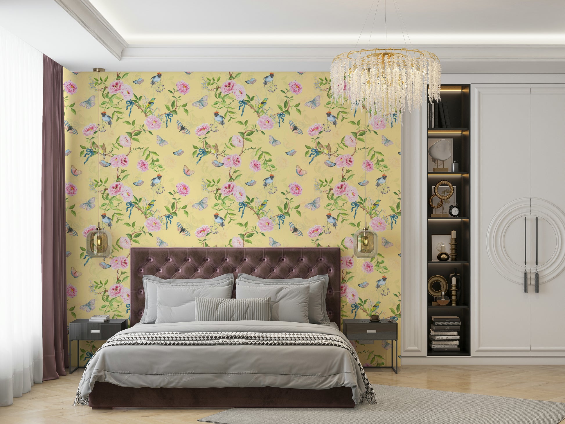 Close-up of pastel birds and florals on chinoiserie branches.

