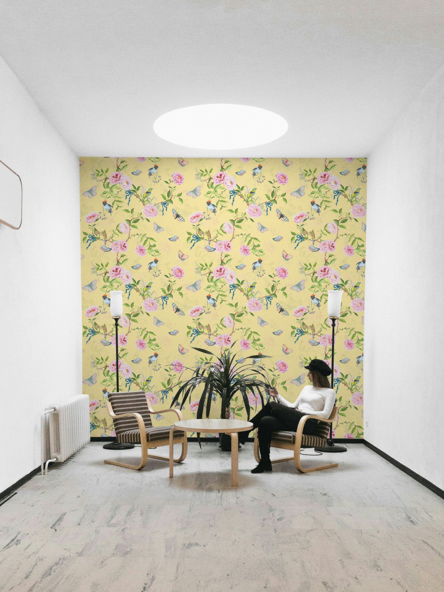 Romantic floral mural with birds, ribbons, and butterflies.

