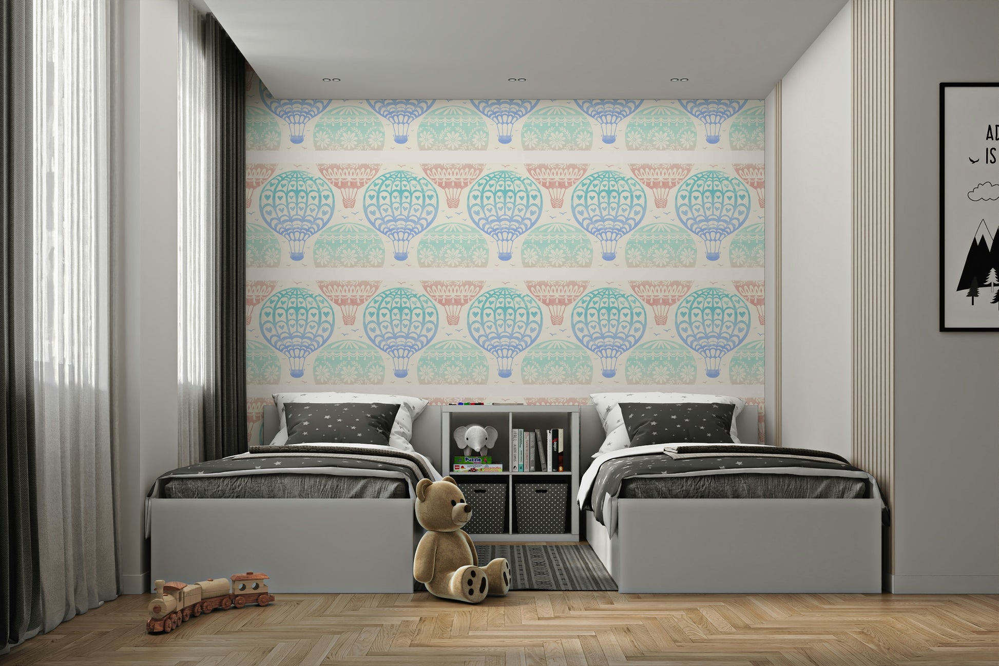 Blue and pink floating balloon wall design

