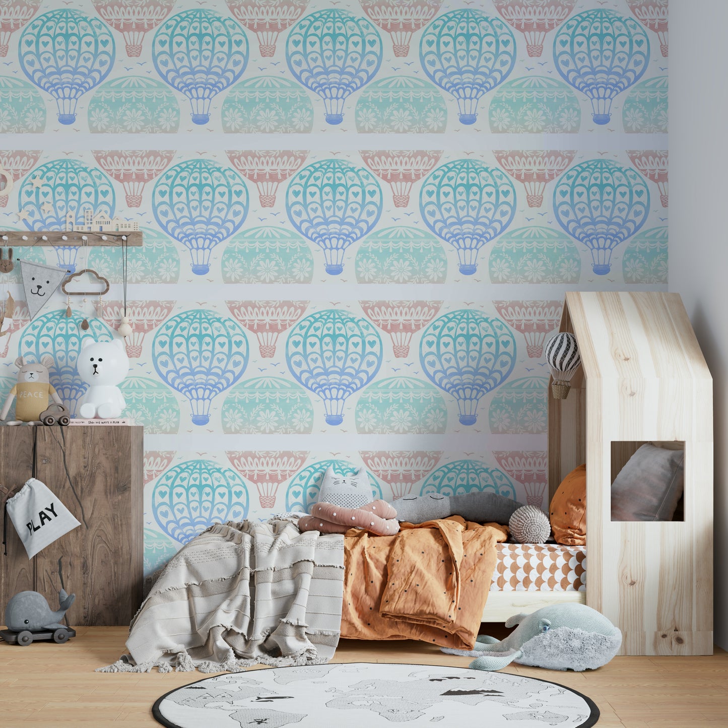 Gentle pastel sky mural with hot balloons

