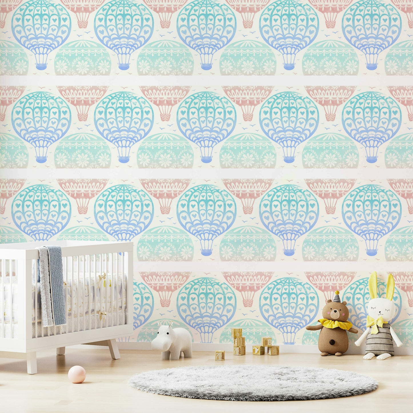Colorful balloon pattern with birds flying

