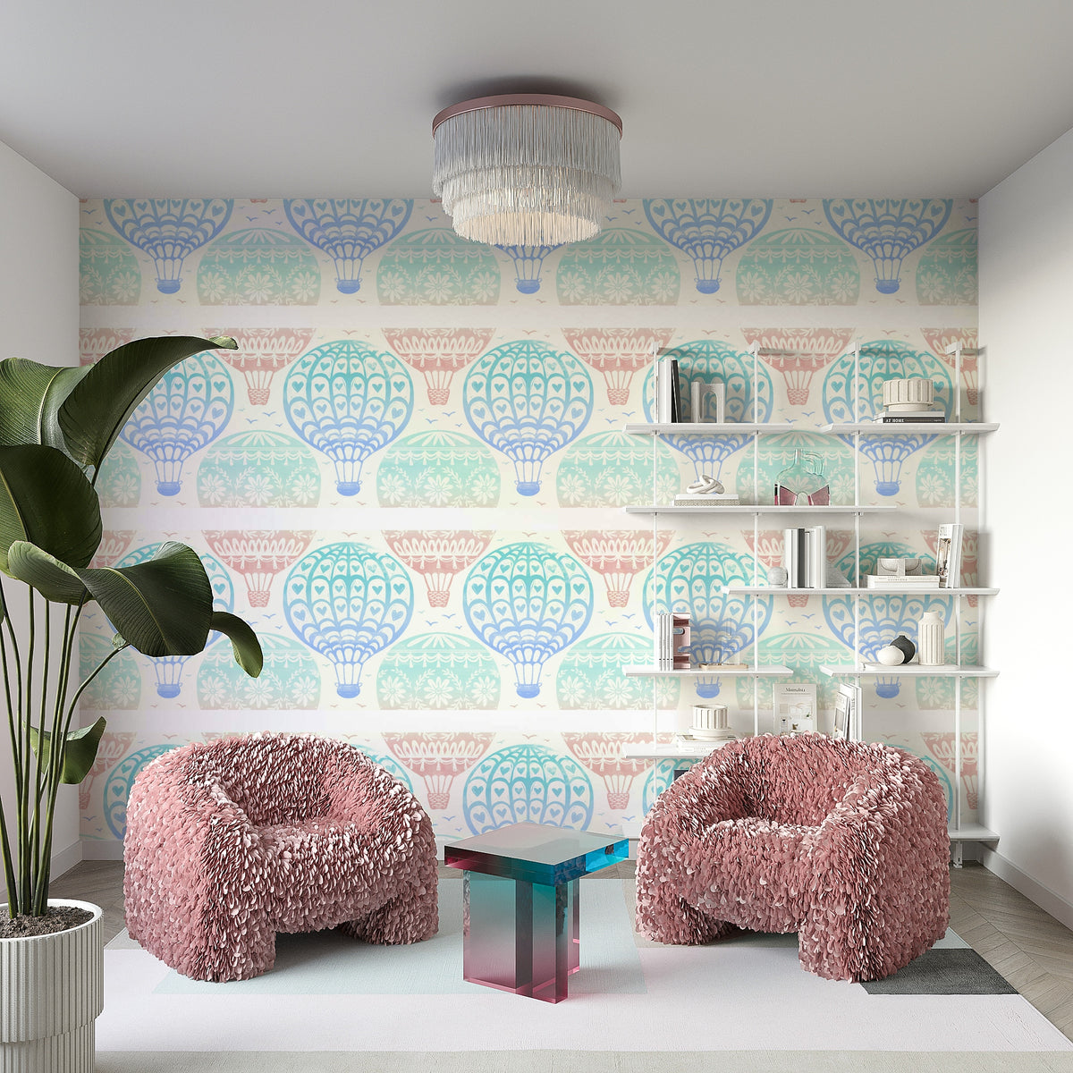 Light blue and pink balloon mural for kids

