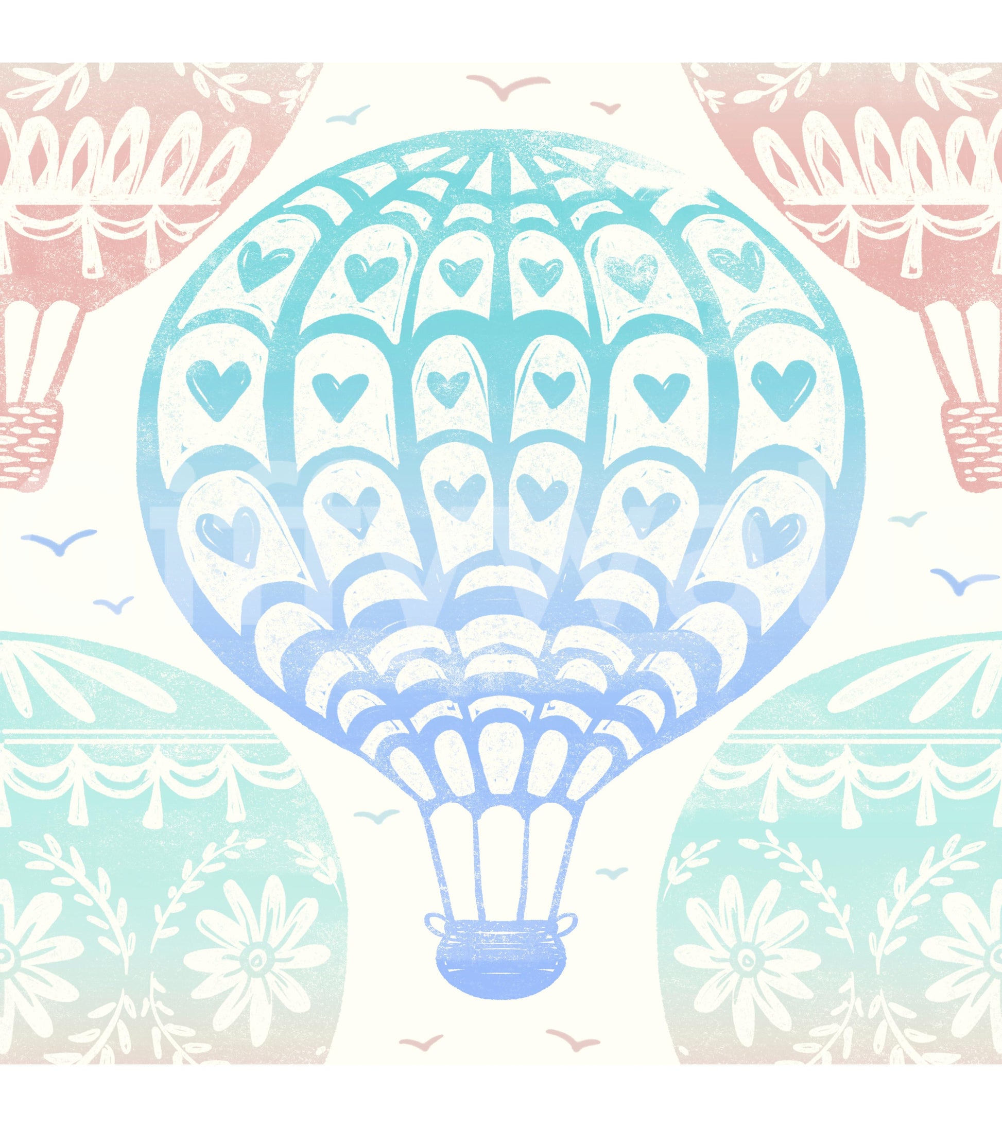 Pastel Paradise Hot Air Balloons wallpaper close-up showing a blue heart-patterned balloon with pink and mint balloons on cream
