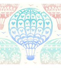Pastel Paradise Hot Air Balloons wallpaper close-up showing a blue heart-patterned balloon with pink and mint balloons on cream