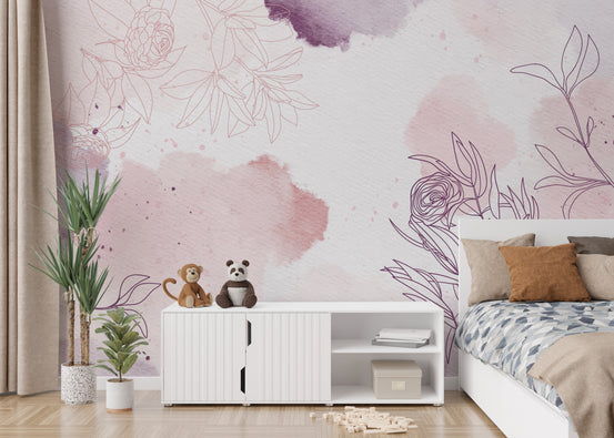 Pastel Pink Purple Watercolor Floral wallpaper mural shown as a full feature wall that highlights the design