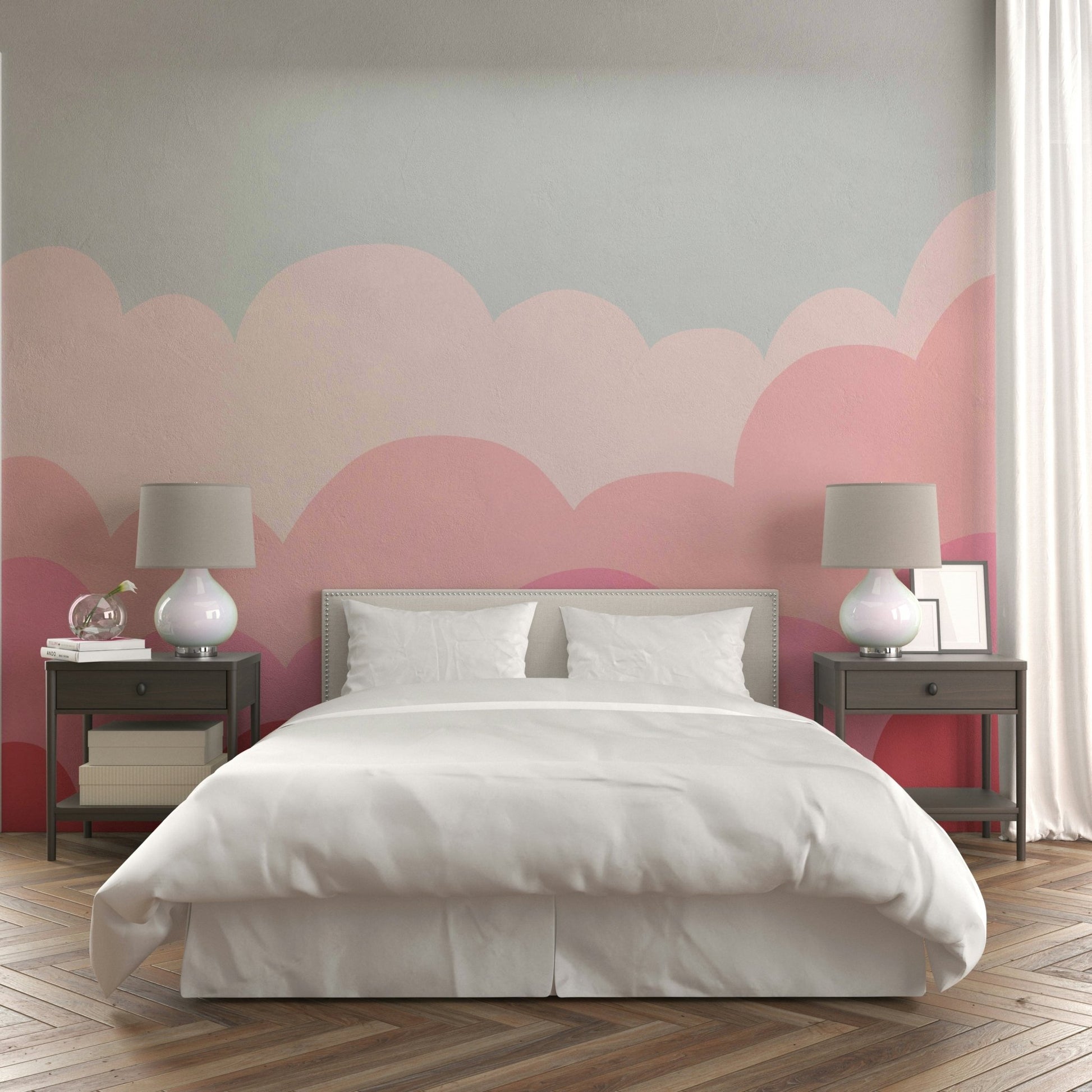 Elegant pink sunrise wall mural for tranquil room decor.

