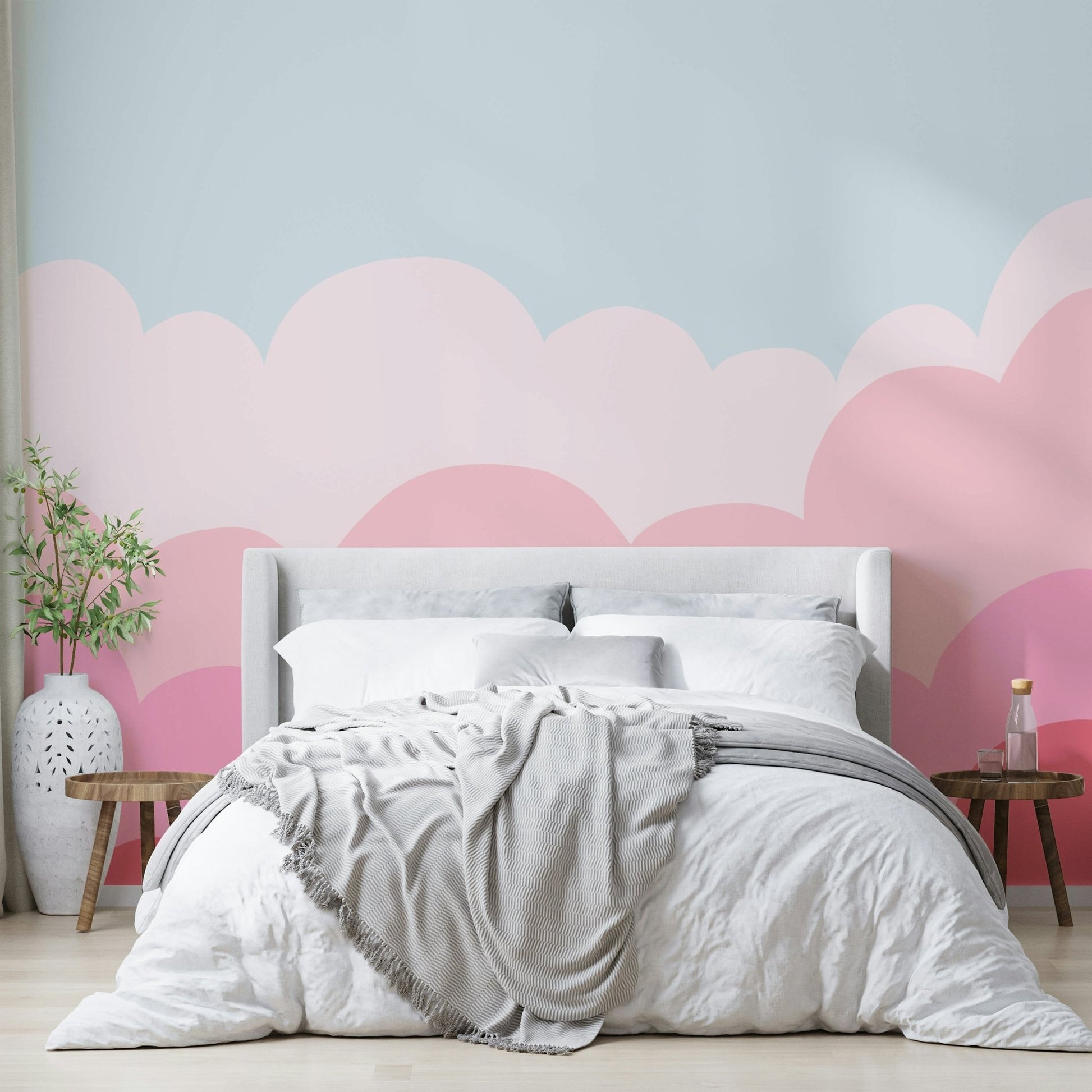 Soft pastel pink sunrise mural for a peaceful room atmosphere.

