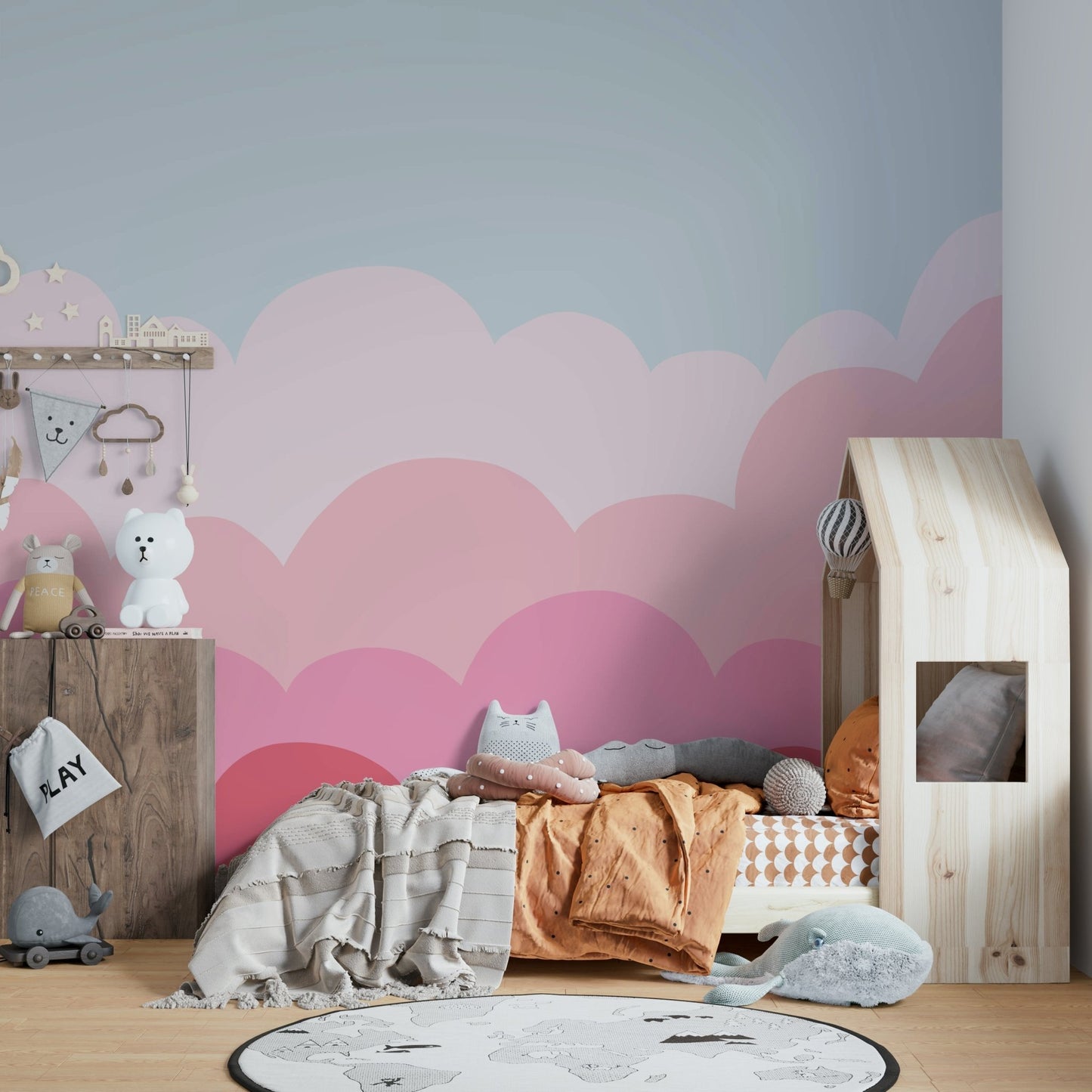 Gentle pastel pink wall mural for a serene, inviting look.


