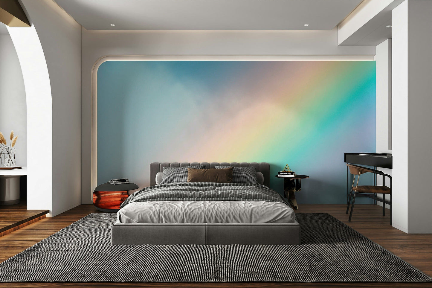 An artistic vibrant stripe mural on minimalist wallpaper.

