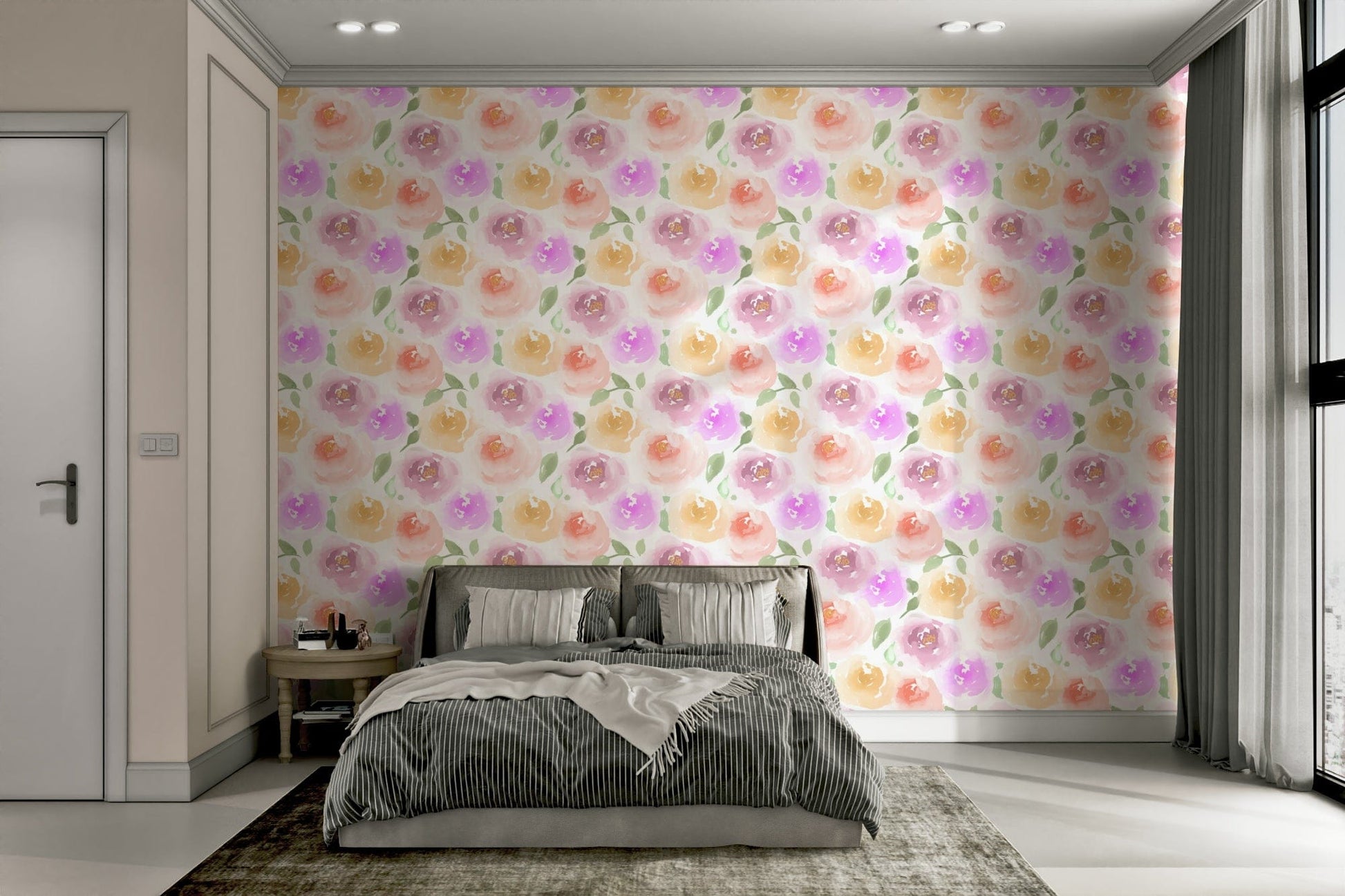 A peaceful pastel floral mural on decorative wallpaper.


