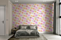 A peaceful pastel floral mural on decorative wallpaper.


