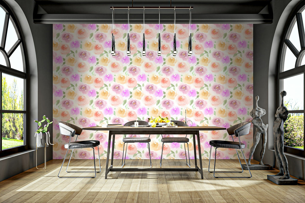 A graceful subtle bloom wall mural in gentle, soft tones.


