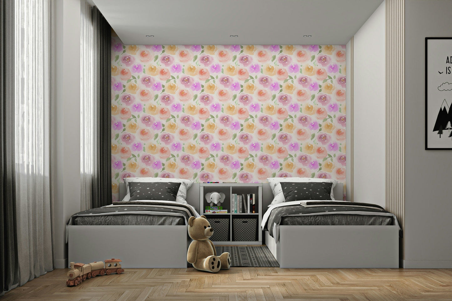 An artistic soft pink flower mural on minimalist wallpaper.

