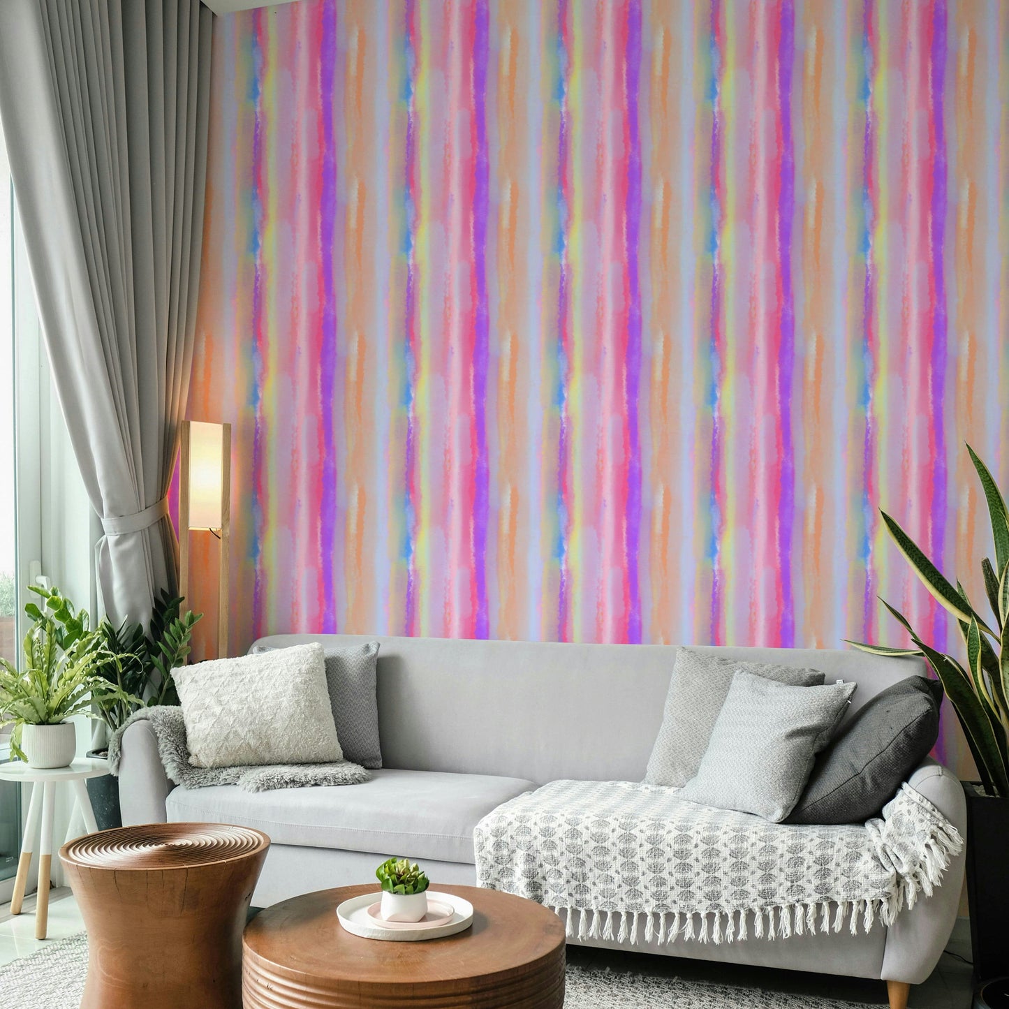 A contemplative striped design wallpaper mural for a feature wall.

