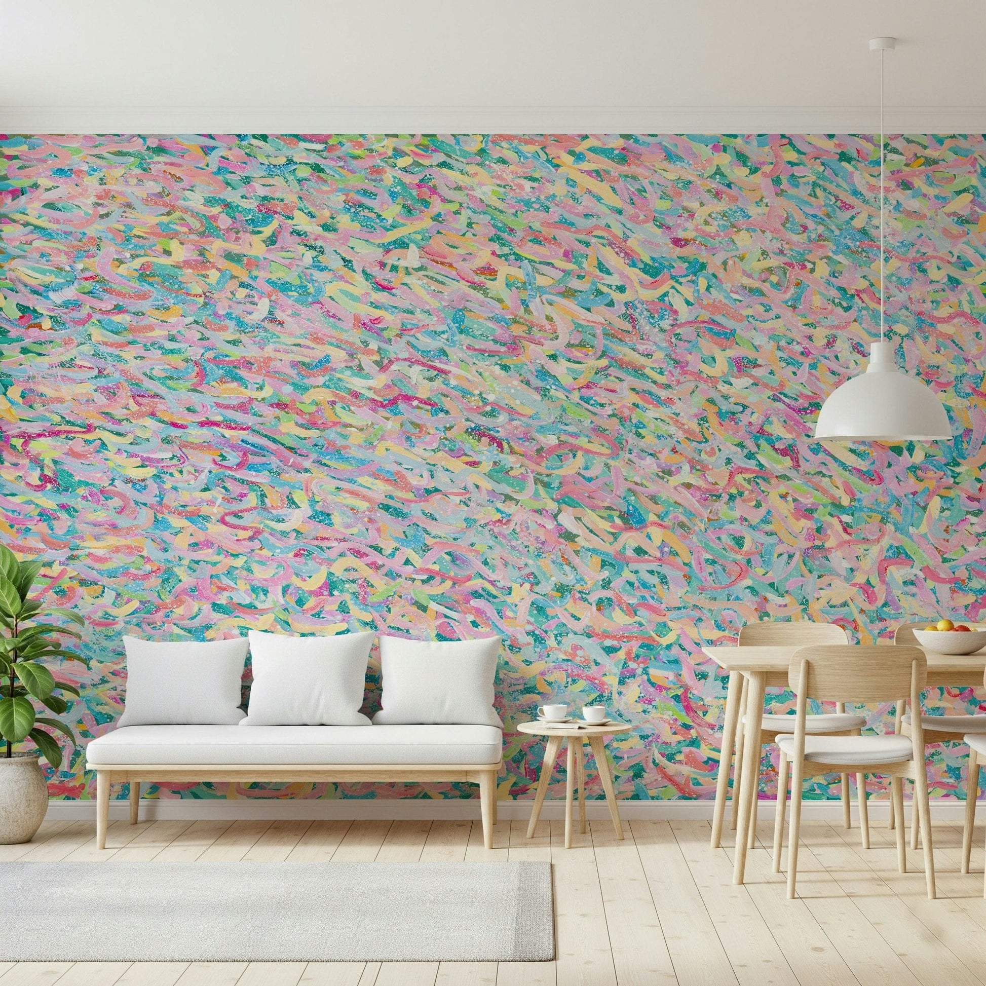 A calming abstract design wallpaper mural that defines a space.
