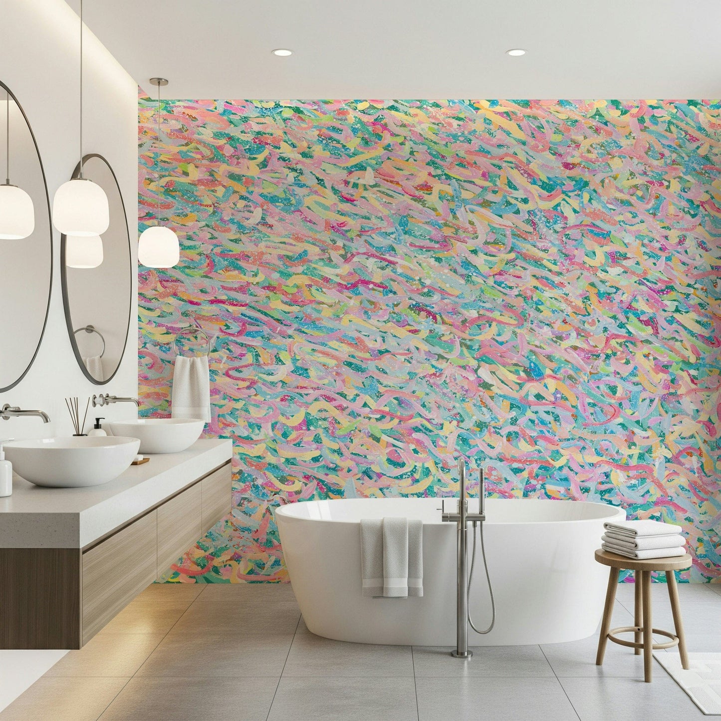 A peaceful modern abstract mural on decorative wallpaper.
