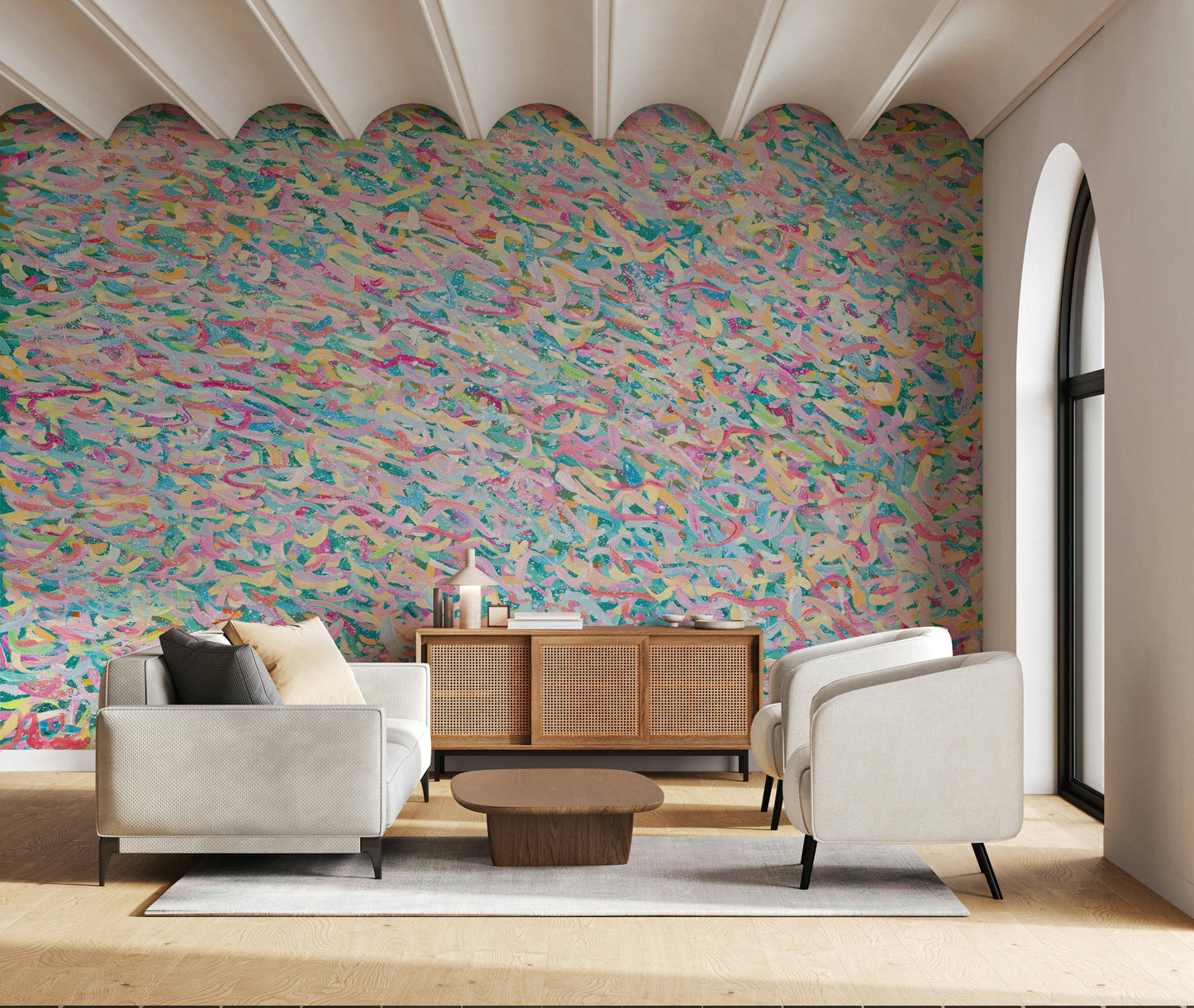 An artistic soft focus mural on minimalist wallpaper.