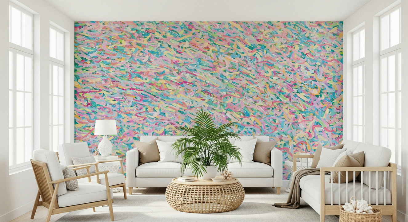 A beautiful pastel abstract wallpaper mural with swirling, soft shapes.