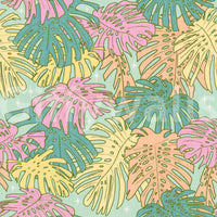 Wallpaper featuring pastel tropical Monstera leaves and soft aqua shades.


