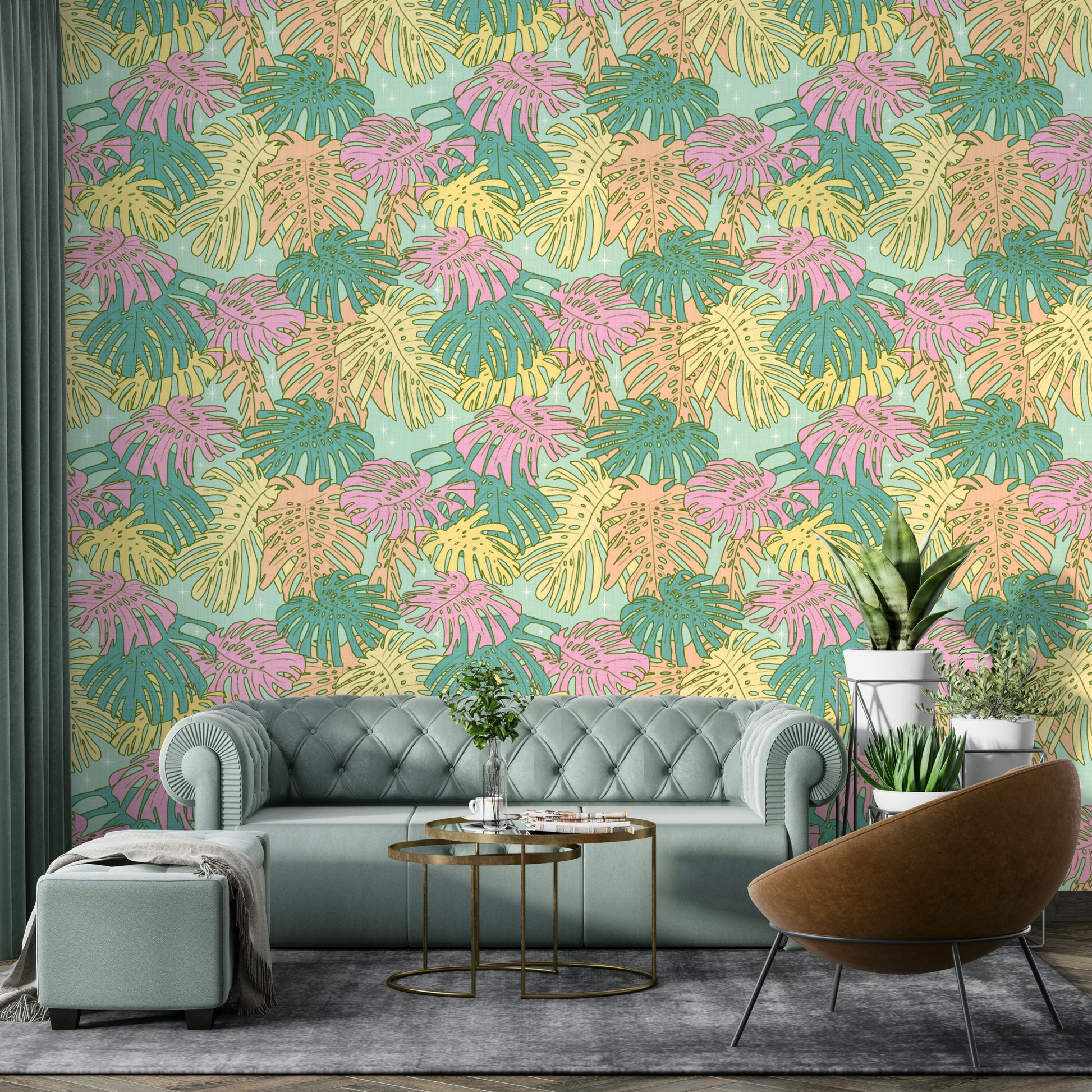 Tropical wallpaper with Monstera and palm leaves in soft aqua and pastel hues.

