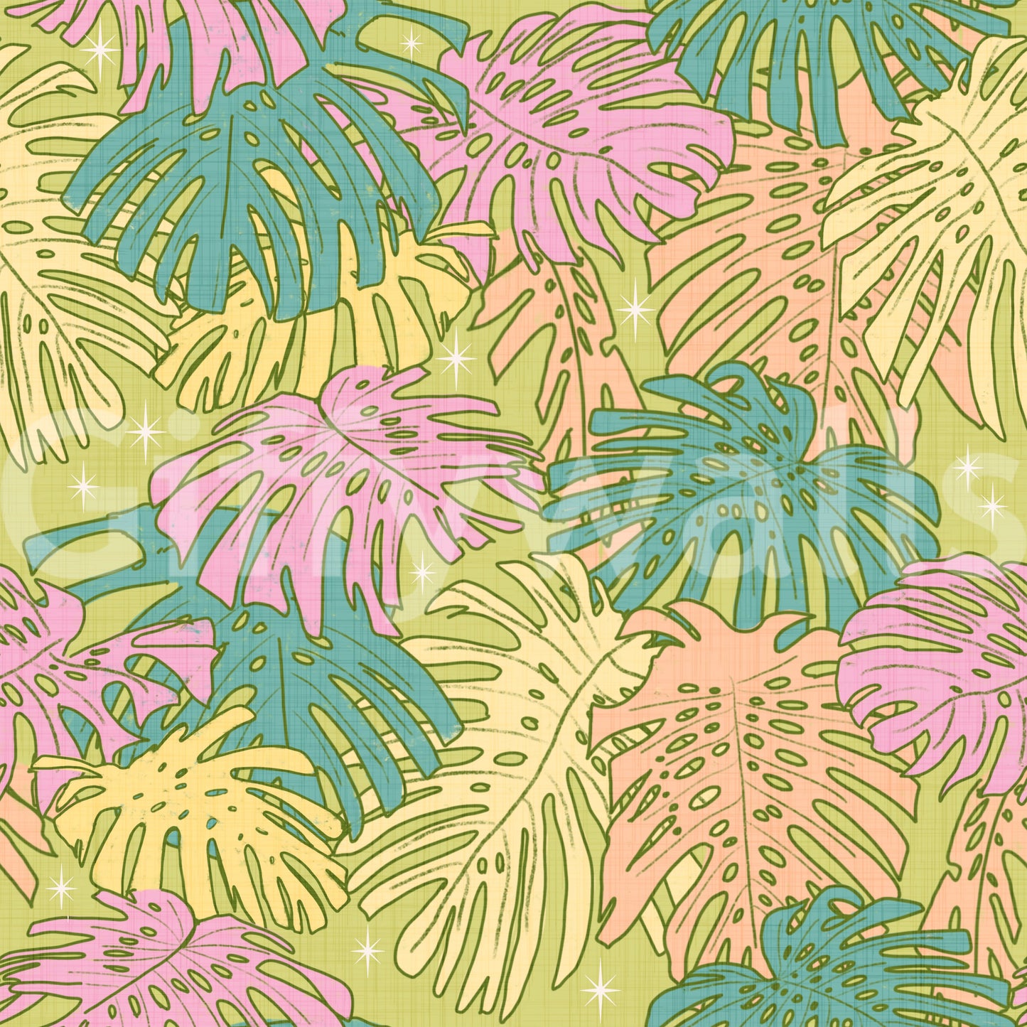 Retro wallpaper design with Monstera and palm leaves in pastel green and pink.

