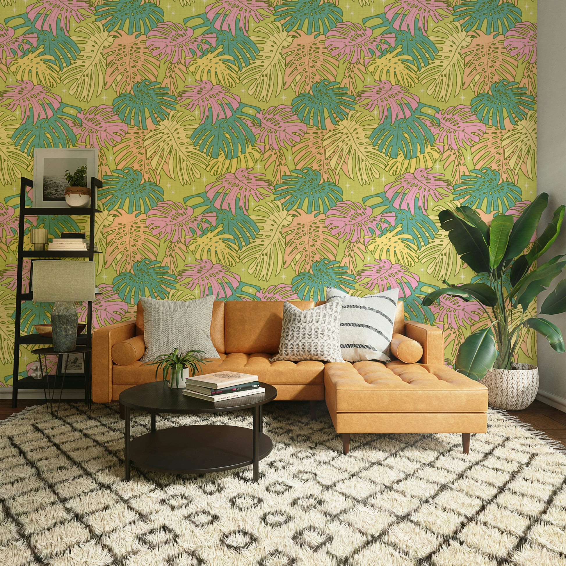 Soft pastel tropical wallpaper featuring Monstera leaves in avocado green.

