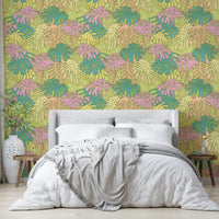 Retro-inspired wallpaper with tropical Monstera and palm leaves in pastel hues.

