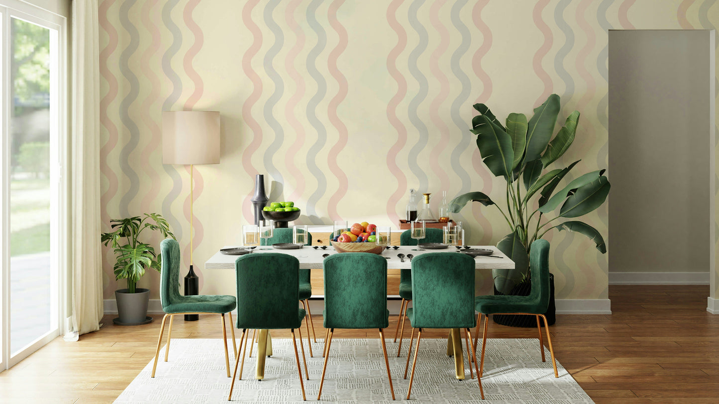 A peaceful wall mural with a modern, flowing design.

