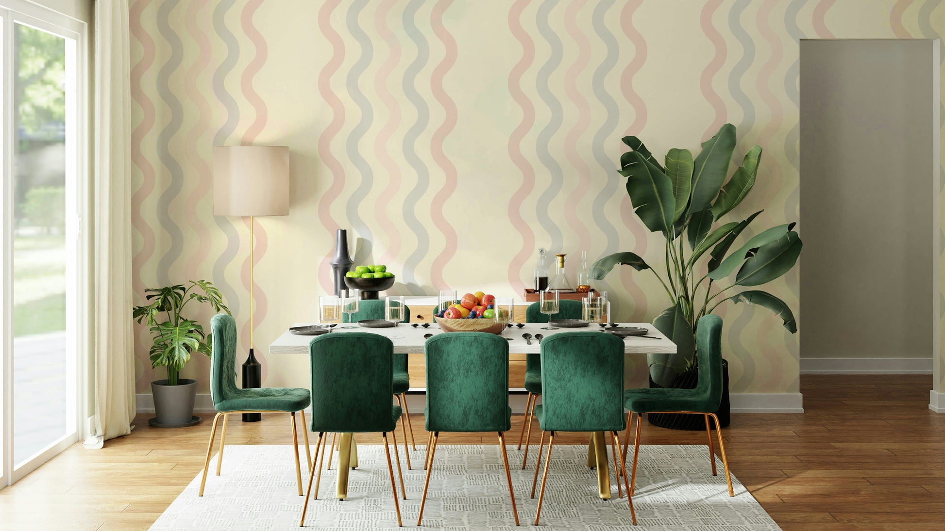 A peaceful wall mural with a modern, flowing design.

