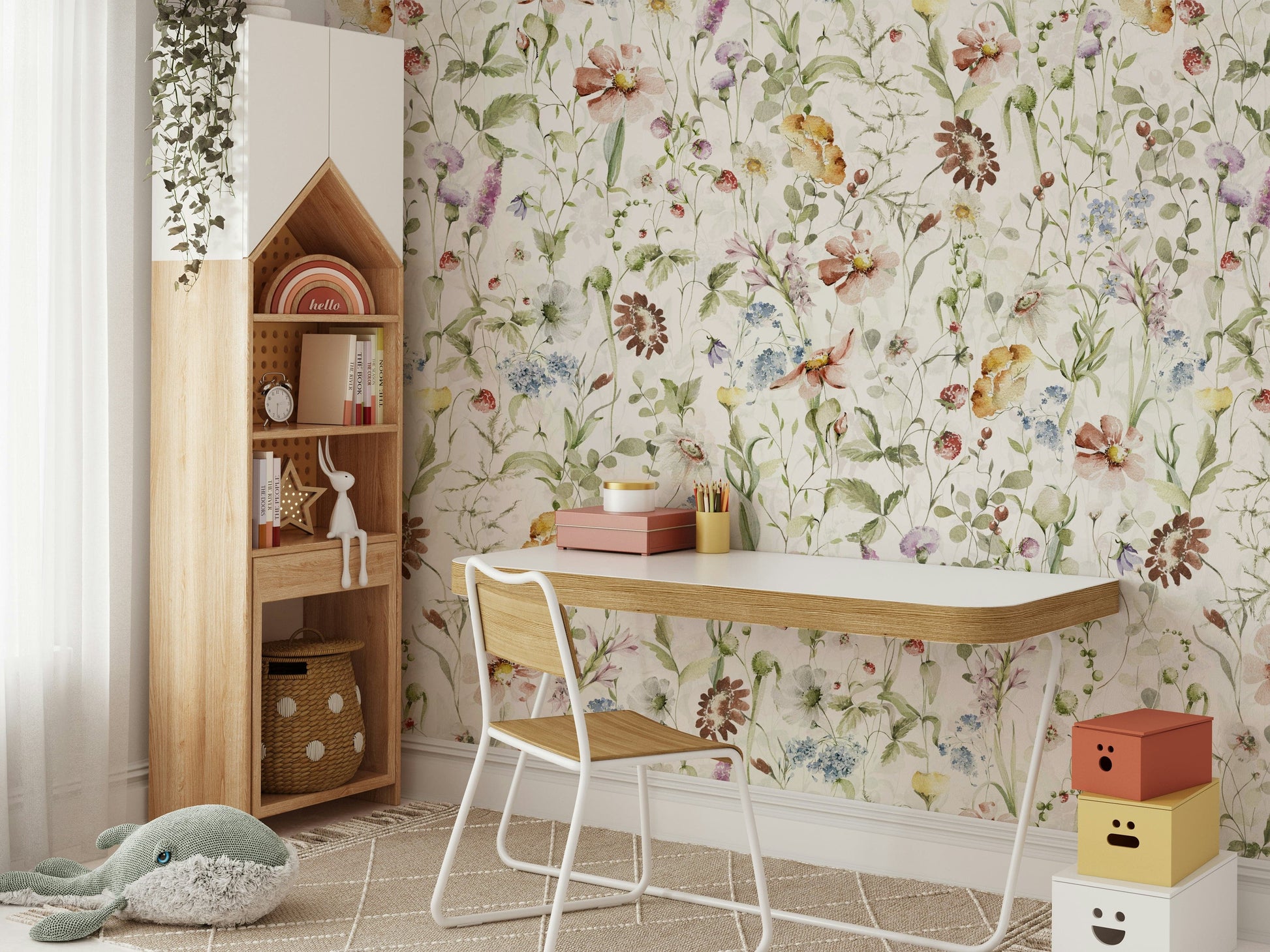 The mural shows a hand-painted floral scene.

